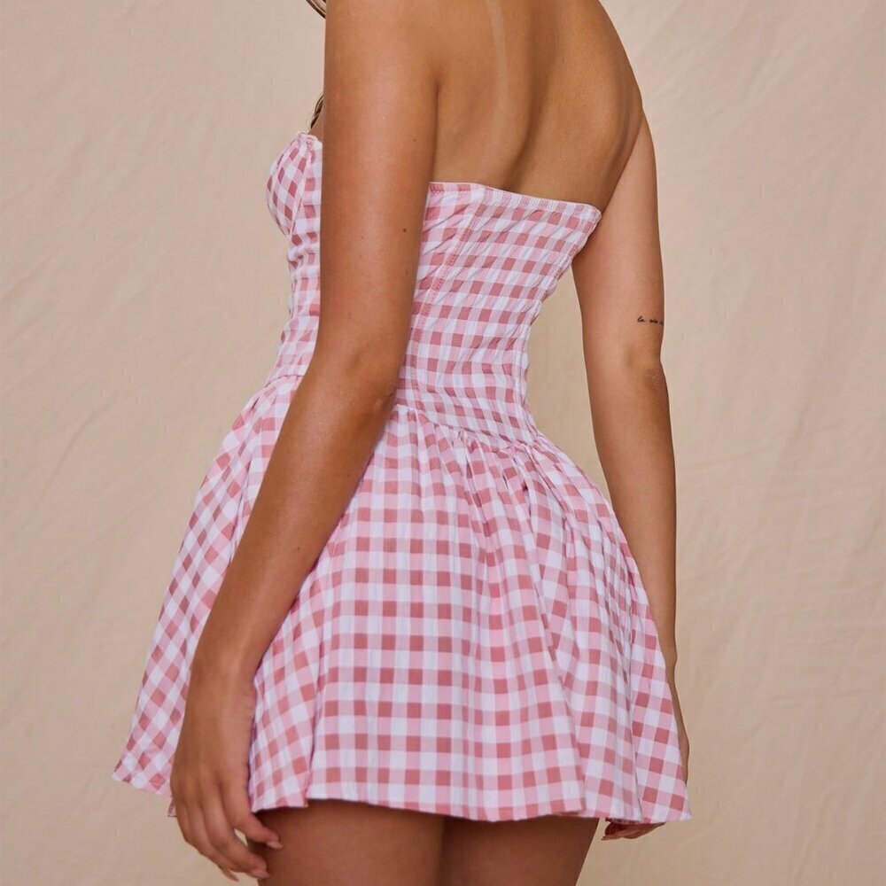 Pink Boho Women's Gingham plaid Elegant Festival Birthday Sweet mini dress - Picture 3 of 5
